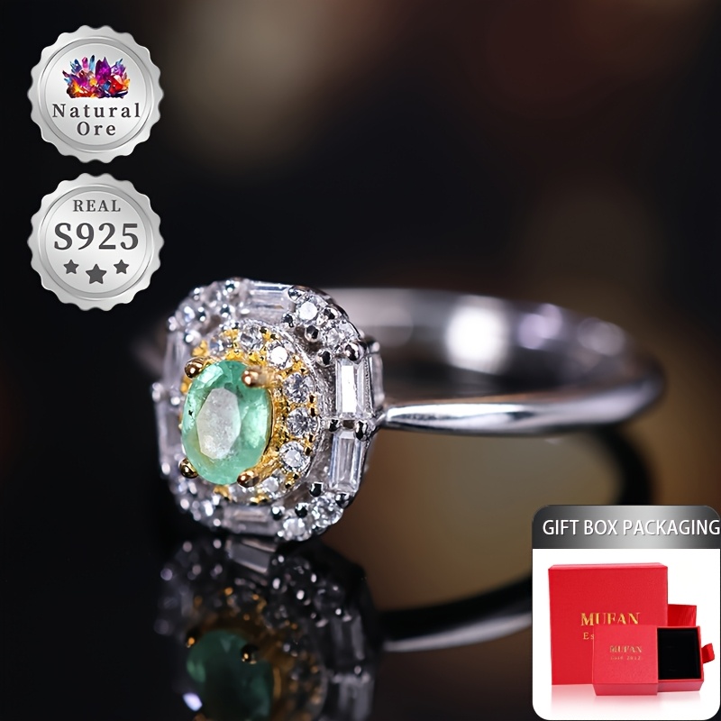 Women's Adjustable 925 Silver Ring with Green Natural Gemstones
